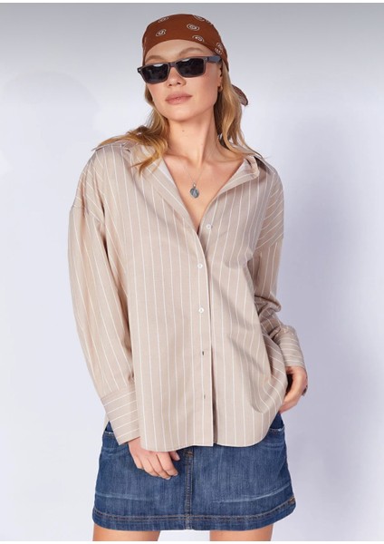 Bej Renk Çizgili Uzun Kol Oversize Uzun Kadın Gömlek (1 Ya Da 2 Beden Büyük Alınız)