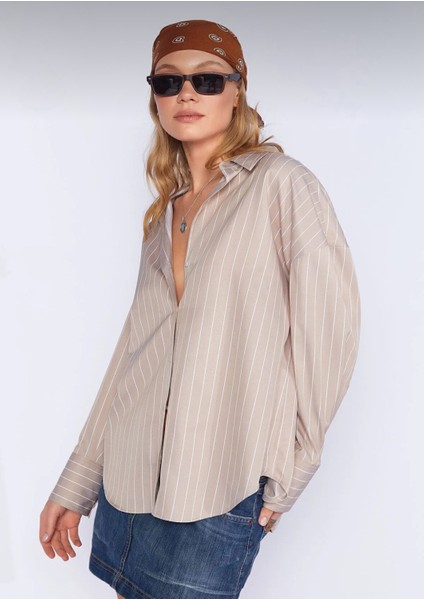 Bej Renk Çizgili Uzun Kol Oversize Uzun Kadın Gömlek (1 Ya Da 2 Beden Büyük Alınız) fiyatları