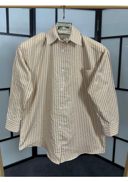 Bej Renk Çizgili Uzun Kol Oversize Uzun Kadın Gömlek (1 Ya Da 2 Beden Büyük Alınız) modelleri