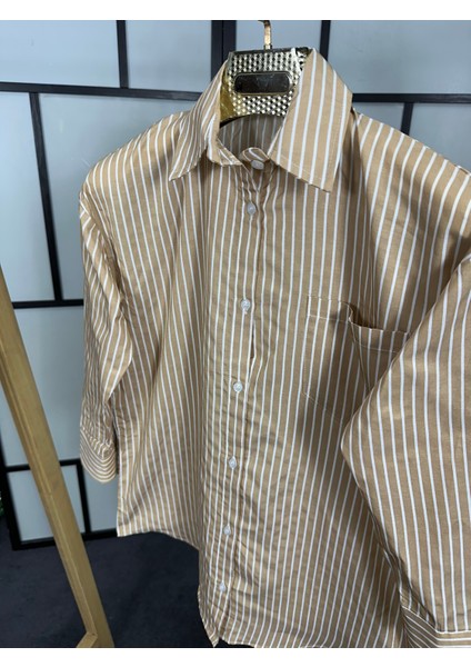 Bej Renk Çizgili Uzun Kol Oversize Uzun Kadın Gömlek (1 Ya Da 2 Beden Büyük Alınız) fırsatları
