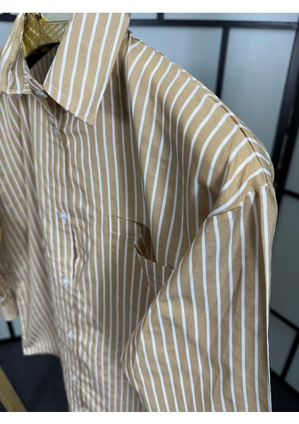 Bej Renk Çizgili Uzun Kol Oversize Uzun Kadın Gömlek (1 Ya Da 2 Beden Büyük Alınız) indirimleri