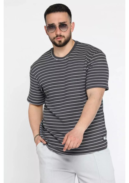 Erkek Çizgi Desenli Bisiklet Yaka Likralı Tişört P-00015555