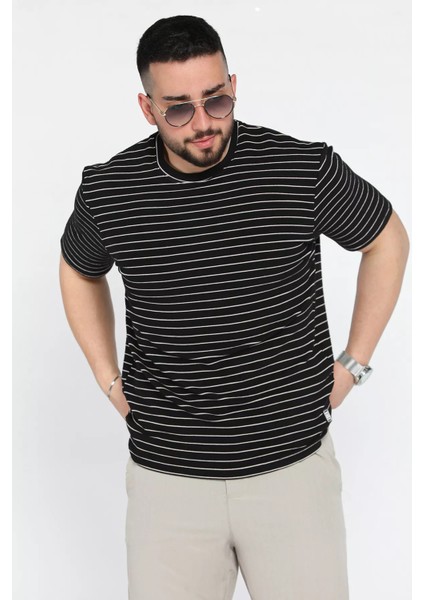 Erkek Çizgi Desenli Bisiklet Yaka Likralı Tişört P-00015555