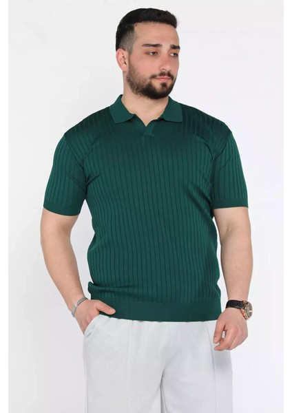 Erkek Polo Yaka Kendinden Çizgi Desenli Triko Tişört P-00015202