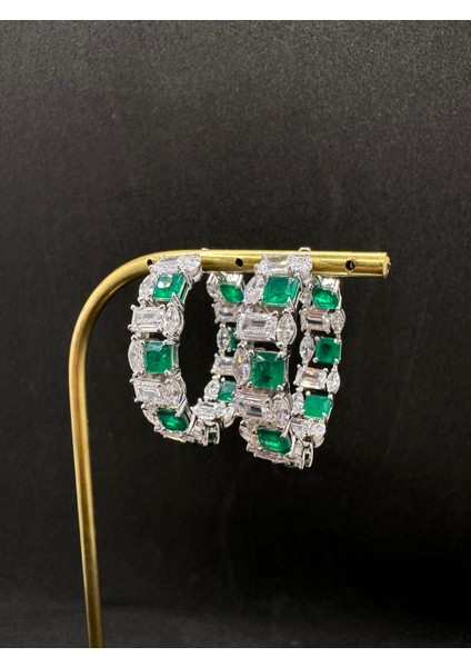 Ithal Yeşil Beyaz Taşlı Büyük Gümüş Halka Küpe