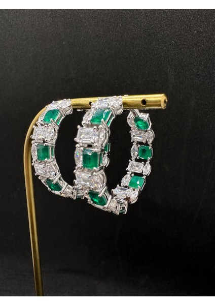 Ithal Yeşil Beyaz Taşlı Büyük Gümüş Halka Küpe modelleri