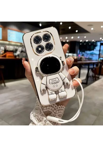 Xiaomi Redmi Note 14 Pro Kılıf Astronot Standlı Sevimli Parlak Gold Altın Işleme Kenarlı Tam Korumalı