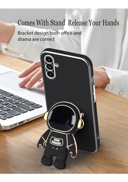 Xiaomi Redmi Note 14 Pro Kılıf Astronot Standlı Sevimli Parlak Gold Altın Işleme Kenarlı Tam Korumalı
