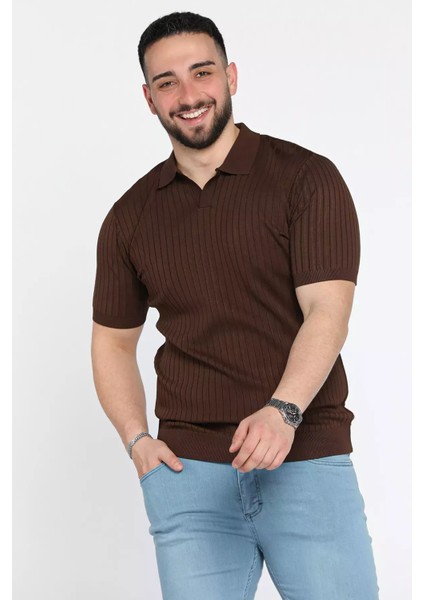 Erkek Polo Yaka Kendinden Çizgi Desenli Triko Tişört P-00015202