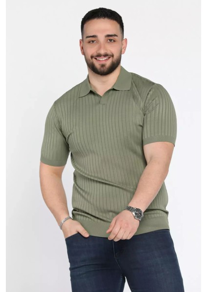 Erkek Polo Yaka Kendinden Çizgi Desenli Triko Tişört P-00015202