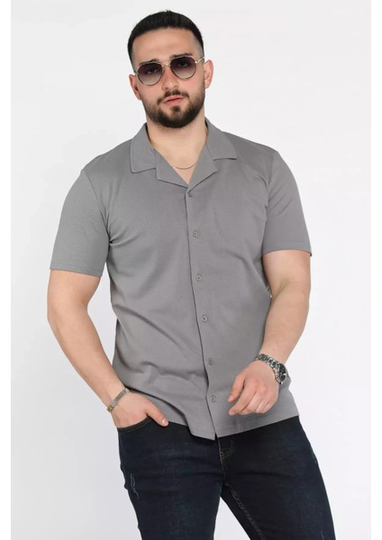 Erkek Kendinden Desenli Devrik Yaka Yarım Kol Gömlek P-00015330