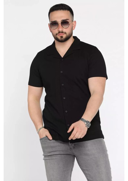 Erkek Kendinden Desenli Devrik Yaka Yarım Kol Gömlek P-00015330