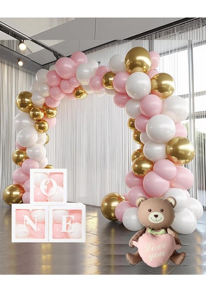 Krom Gold, Makaron Pembe ve Beyaz Balon Temalı 1 Yaş Set; One Kutu Pembe Kalpli Ayıcık Folyo ve Balon Zincir Set