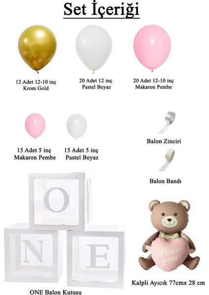 Krom Gold, Makaron Pembe ve Beyaz Balon Temalı 1 Yaş Set; One Kutu Pembe Kalpli Ayıcık Folyo ve Balon Zincir Set fiyatları