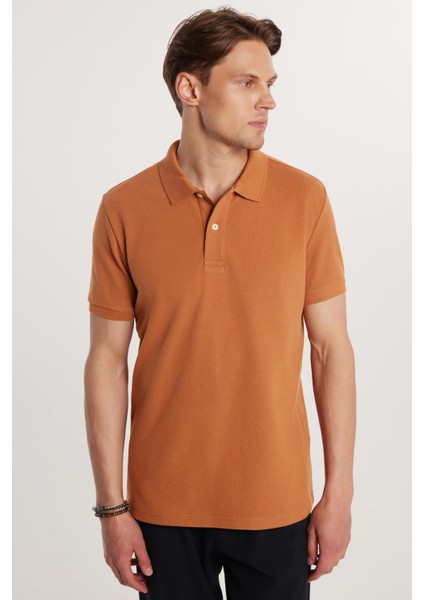 Erkek Slim Fit Dar Kesim Pamuk Düz Pike Kahverengi Polo Yaka Tişört
