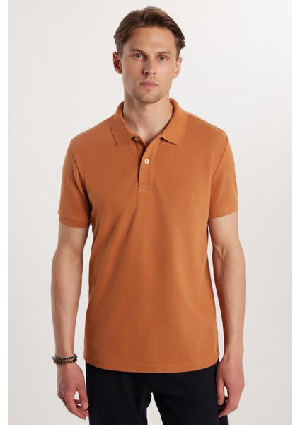 Erkek Slim Fit Dar Kesim Pamuk Düz Pike Kahverengi Polo Yaka Tişört fırsatları