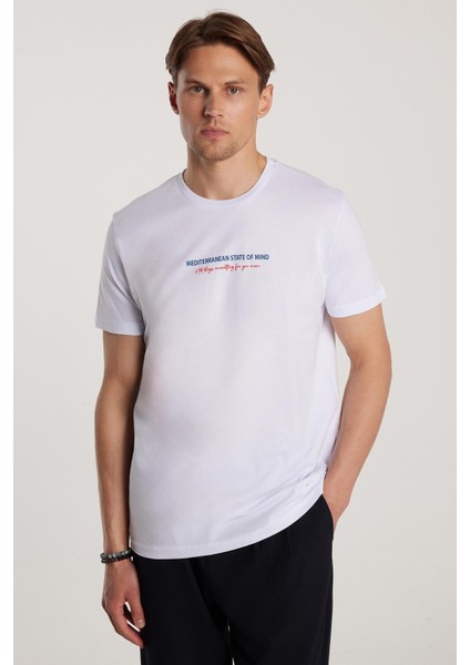 erkek Slim Fit Dar Kesim %100 Pamuk Yumuşak Dokulu Baskılı Beyaz Bisiklet Yaka Tişört