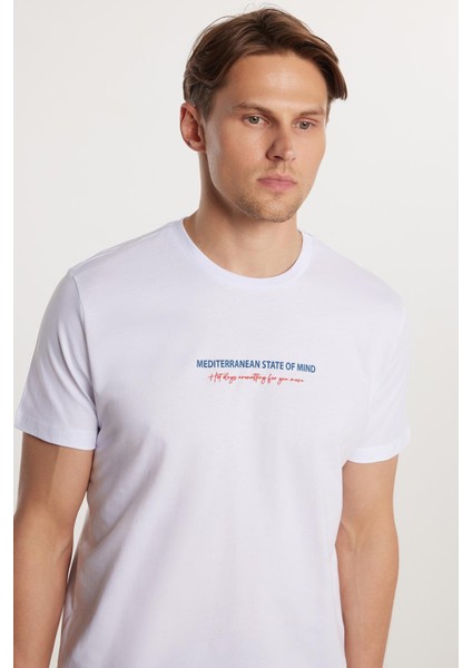 erkek Slim Fit Dar Kesim %100 Pamuk Yumuşak Dokulu Baskılı Beyaz Bisiklet Yaka Tişört fiyatları