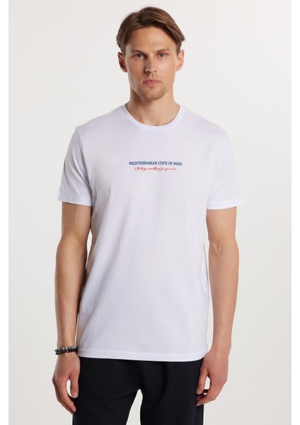 erkek Slim Fit Dar Kesim %100 Pamuk Yumuşak Dokulu Baskılı Beyaz Bisiklet Yaka Tişört fırsatları