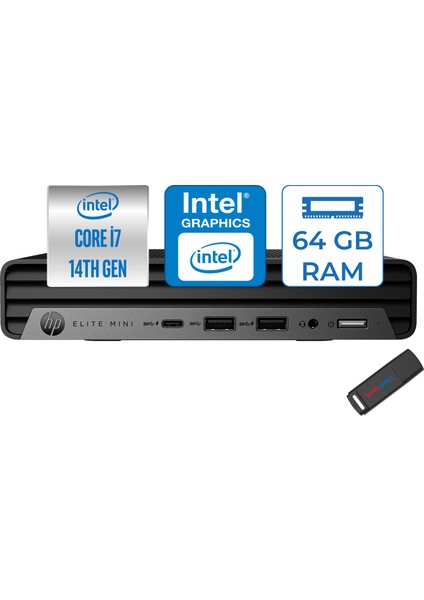 Elite Mini 800 G9 Intel Core I7 14700 64GB Ddr5 4tb SSD Freedos Intel UHD Grafik Mini Masaüstü Bilgisayar 622X5ETF24 + Zetta Flash Bellek