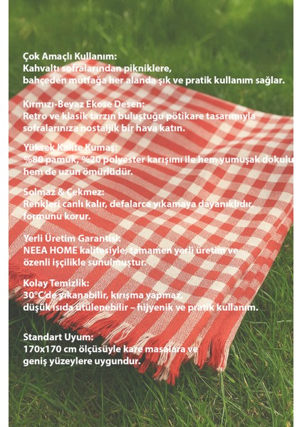 Luxetable Çok Amaçlı Sofra Bezi Piknik Örtüsü Kırmızı Beyaz Masa Örtüsü Ekose Pötikare Desenli