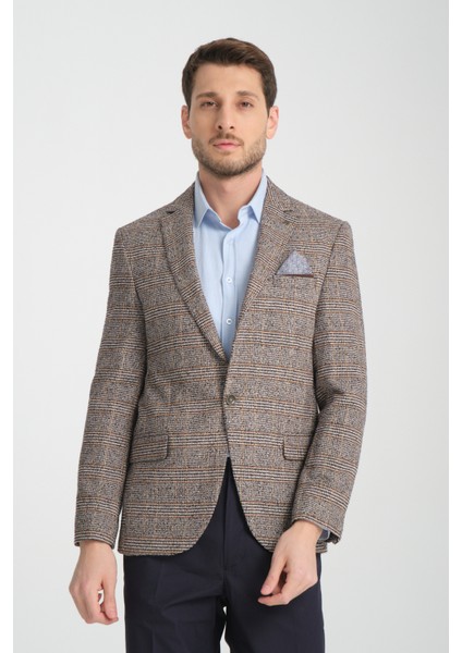 Diocle Erkek Kahve Kareli - Ekoseli Slim Fit Mono Yaka Blazer Ceket