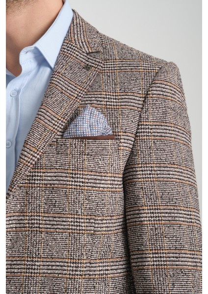 Diocle Erkek Kahve Kareli - Ekoseli Slim Fit Mono Yaka Blazer Ceket fiyatları