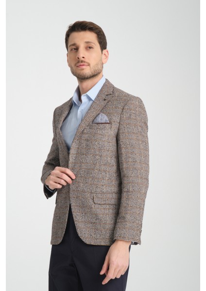 Diocle Erkek Kahve Kareli - Ekoseli Slim Fit Mono Yaka Blazer Ceket modelleri