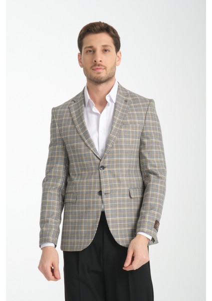 Ferruci Erkek Siyah - Hardal Ekose Slim Fit Dar Kesim Mono Yaka Blazer Ceket