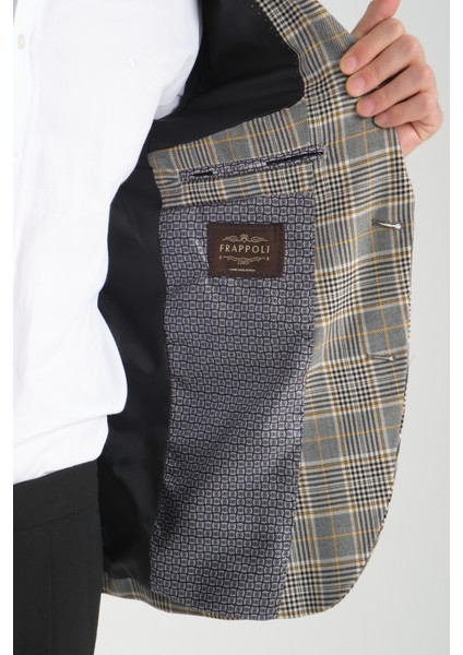 Ferruci Erkek Siyah - Hardal Ekose Slim Fit Dar Kesim Mono Yaka Blazer Ceket modelleri