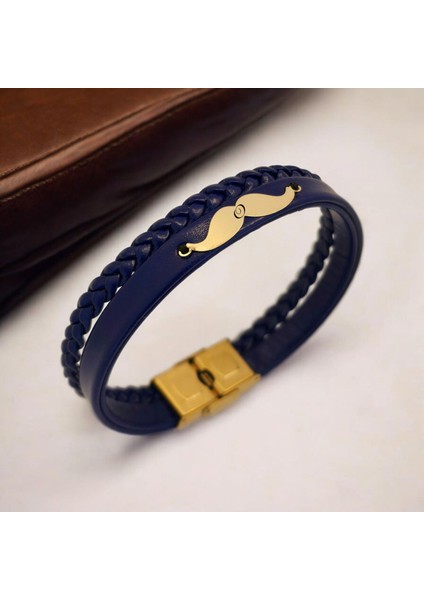 Altın Plakalı 14 Ayar Erkeklere Özel Bıyık Motifli Derili Harf Bilekliği-384Harf-LACIVERT