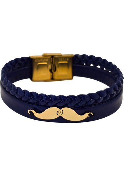 Altın Plakalı 14 Ayar Erkeklere Özel Bıyık Motifli Derili Harf Bilekliği-384Harf-LACIVERT fiyatları