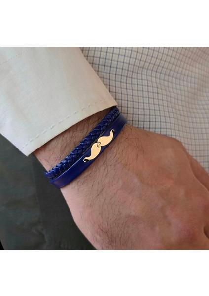 Altın Plakalı 14 Ayar Erkeklere Özel Bıyık Motifli Derili Harf Bilekliği-384Harf-LACIVERT fırsatları