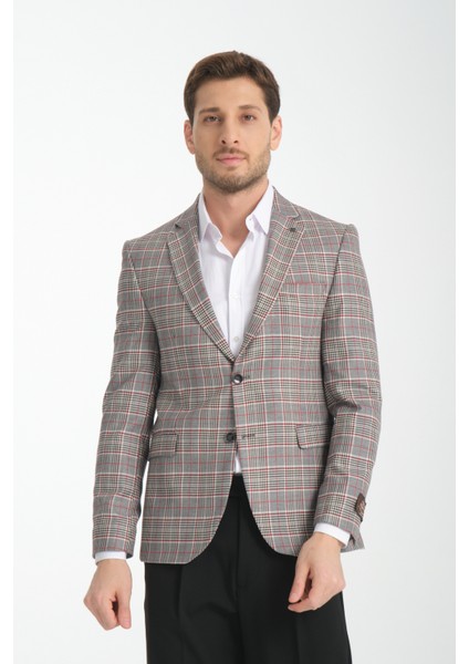 Ferruci Erkek Siyah - Hardal Ekose Slim Fit Dar Kesim Mono Yaka Blazer Ceket