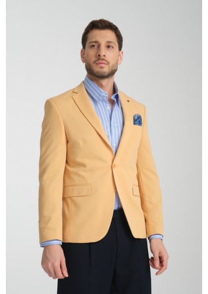 Baselna Erkek Kahve Esneyen Likralı Kumaşlı Tam Astarlı Slim Fit Mono Yaka Dar Kesim Blazer Ceket