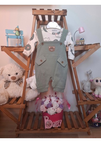 Waffle Kumaş Ayıcık Desenli Unisex Bebek Tulum Takımı