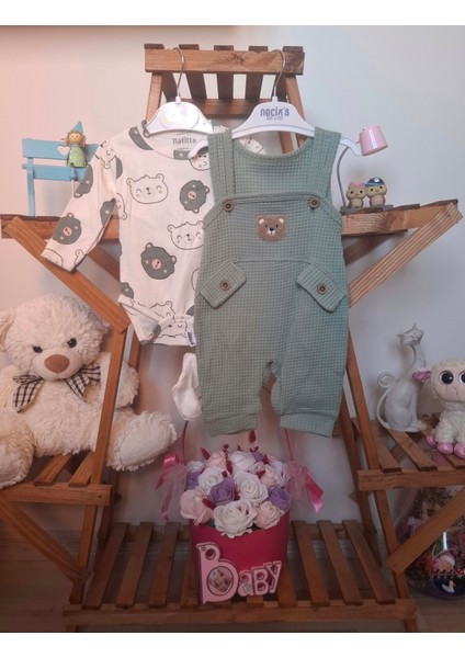 Waffle Kumaş Ayıcık Desenli Unisex Bebek Tulum Takımı