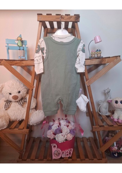 Waffle Kumaş Ayıcık Desenli Unisex Bebek Tulum Takımı