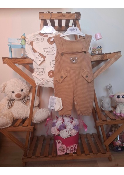 Waffle Kumaş Ayıcık Desenli Unisex Bebek Tulum Takımı