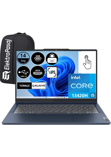 Ideapad Slim 5 Intel Core I5 13420H 16GB Ram 512GB SSD Fdos 14" Wuxga IPS Dokunmatik Bilgisayar 83KX004FTR + Taşınabilir Bilgisayar Elektropasaj Çanta