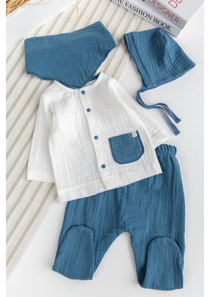Müslin %100 Pamuk Erkek Bebek 4 Parça Takım Set Hastane Çıkışı