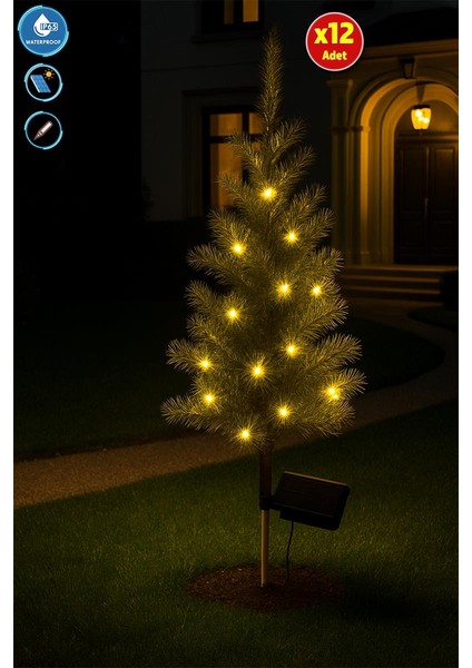 12 Li Solar Sarı Ledli Çam Ağacı - Güneş Enerjili LED - Çam Ağacı Bahçe Aydınlatması
