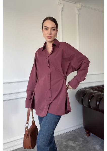 Oversize Düğmeli Premium Gömlek- Bordo
