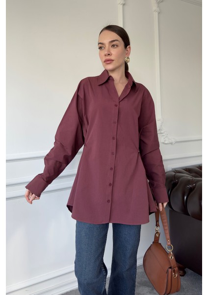 Oversize Düğmeli Premium Gömlek- Bordo modelleri