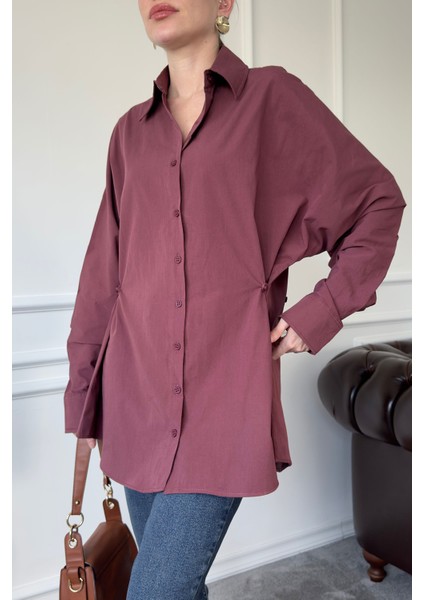 Oversize Düğmeli Premium Gömlek- Bordo indirimleri