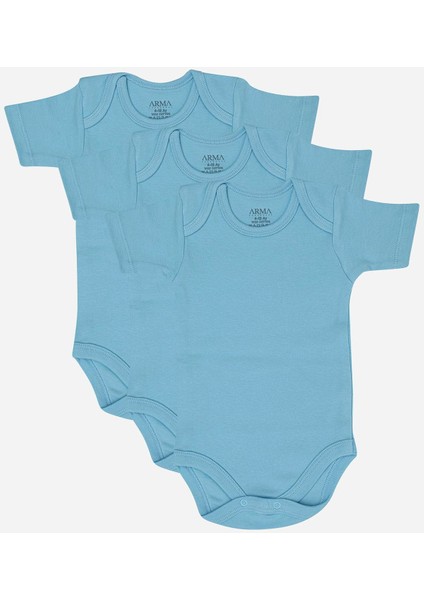 %100 Organik Pamuk 3'lü Mavi Kısa Kollu Bebek Çıtçıtlı Zıbın Body