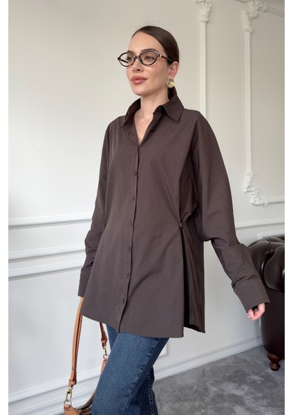 Oversize Düğmeli Premium Gömlek- Kahverengi