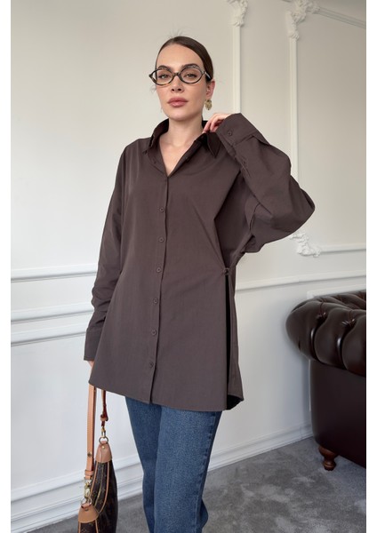 Oversize Düğmeli Premium Gömlek- Kahverengi modelleri