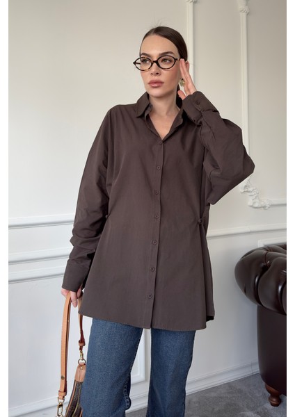 Oversize Düğmeli Premium Gömlek- Kahverengi fırsatları