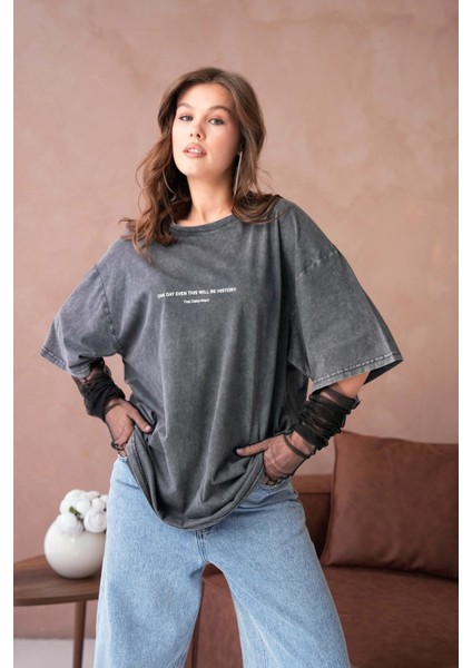 Yıkamalı Baskı Detay Salaş Basic T-Shirt